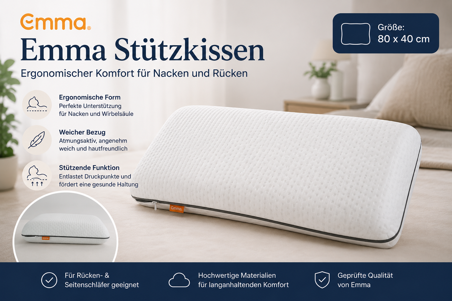 Emma Stützkissen 40x80 cm – ergonomisches Nackenstützkissen mit anpassbarer Höhe