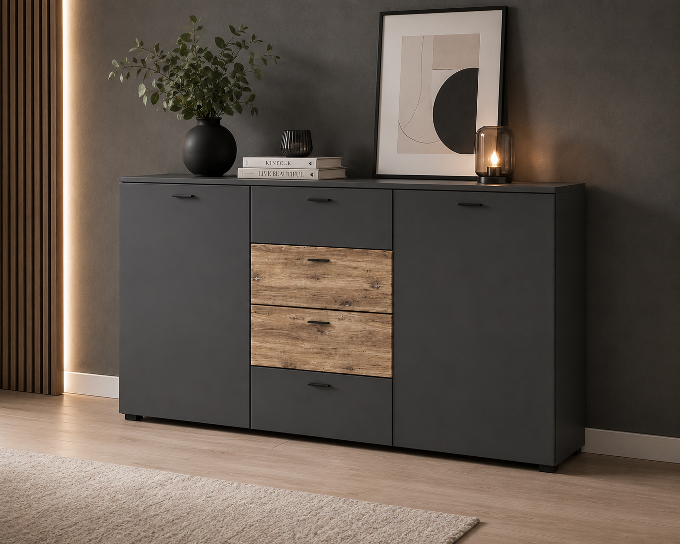 Moderne Kommode Industrial Style – Sideboard Anthrazit Holzoptik Kurze Beschreibung